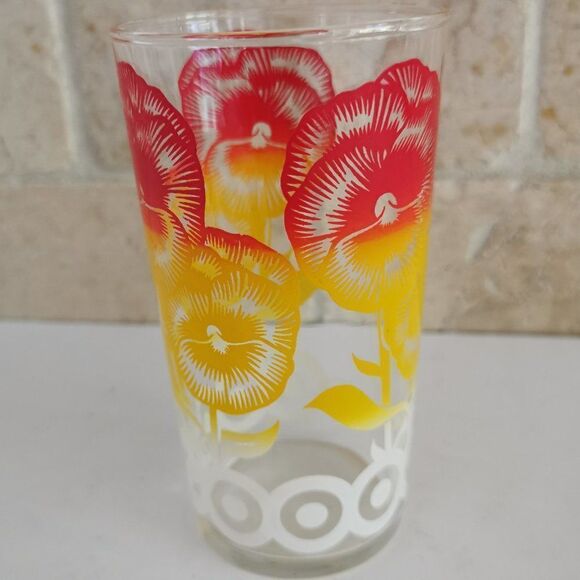 Vintage Pansies Drinking Glass, Red Yellow Collectible Juice Glass - Picture 1 of 7